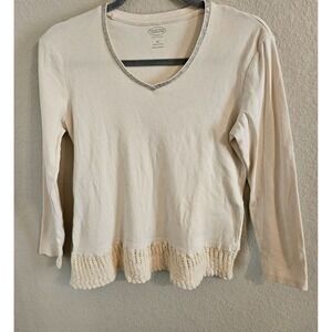 Talbot Woman Size MP Cotton V Neck Tee Silver Trim Neck Crochet Hem Ivory Boho